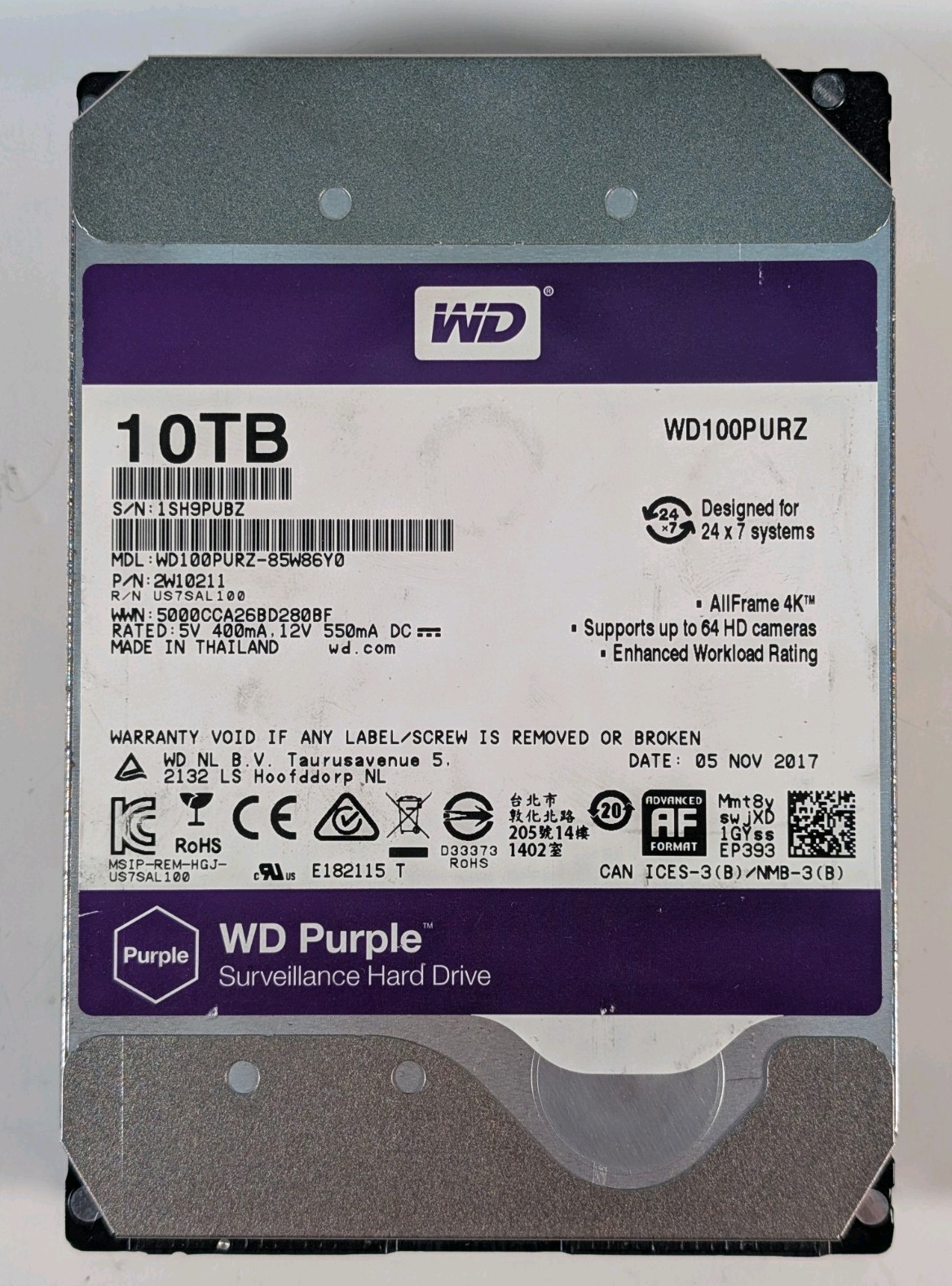 Western Digital 10TB 3.5″ SATA WD Purple Hard Drive HDD | WD100PURZ, Sanitized