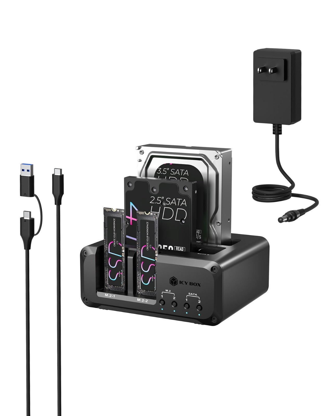 4 Bay USB-C NVMe M.2 & SATA SSD/HDD Docking Station, 10Gbps Reader, Up to 48TB