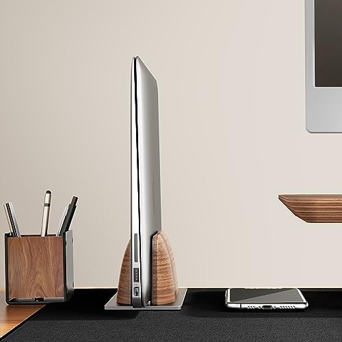 Vertical Laptop Stand Adjustable Width 0.79 to 1.42 Inch Walnut Wood Aluminum