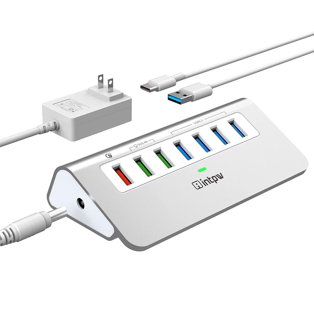 7 Port USB 3.2 Gen 2 Powered Hub 10Gbps 4 Data 3 Fast Charging Aluminum