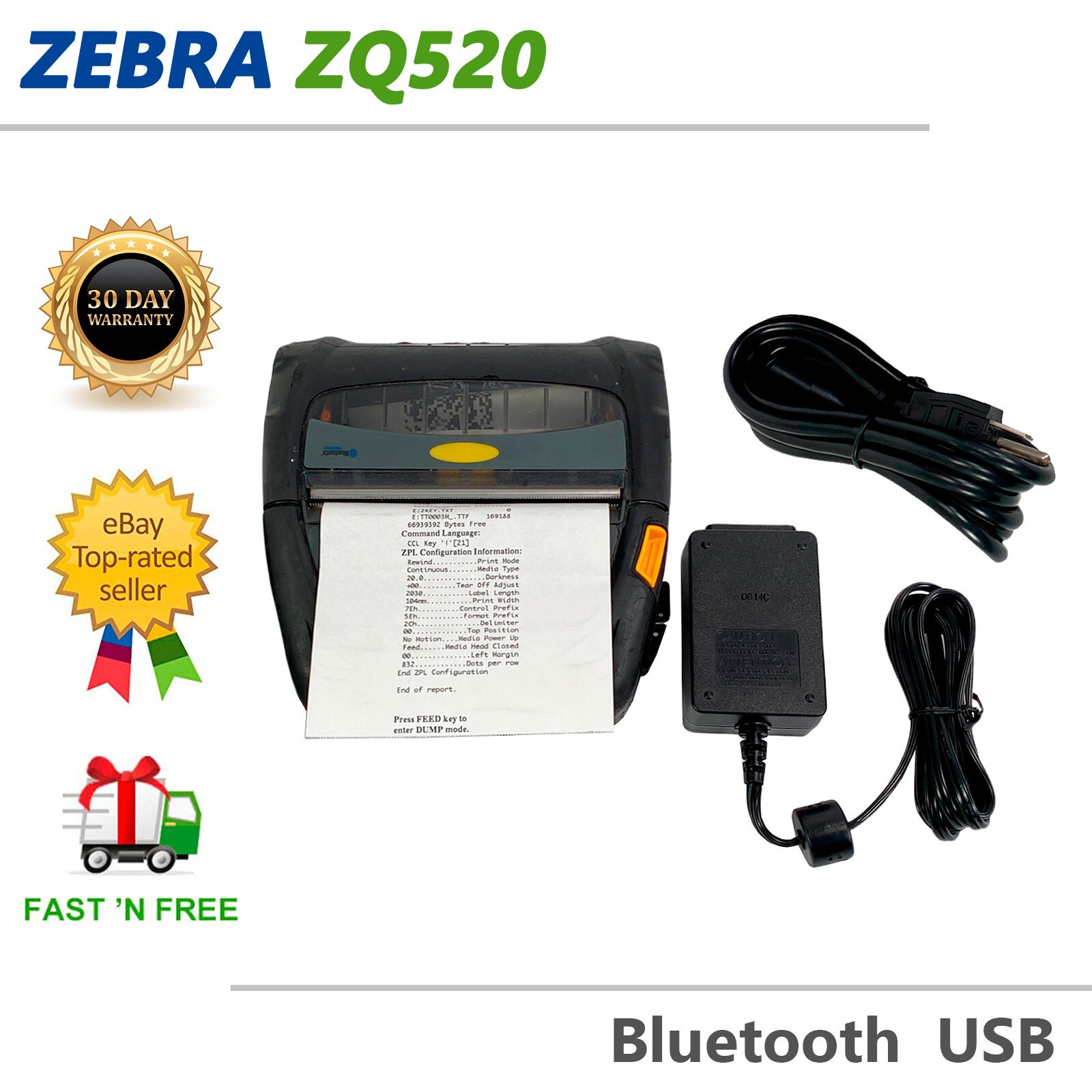 Zebra ZQ520 Mobile Barcode Label Thermal Printer Bluetooth USB TESTED