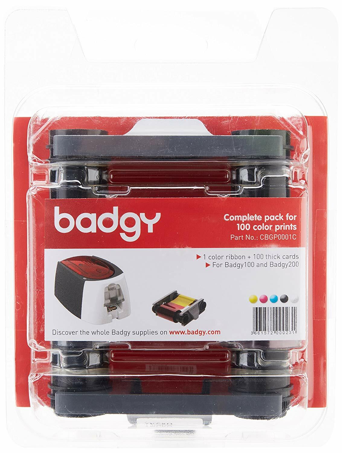 Genuine Evolis Badgy100 / Badgy200 YMCKO Ribbon + PVC Card Set – CBGP0001C – New