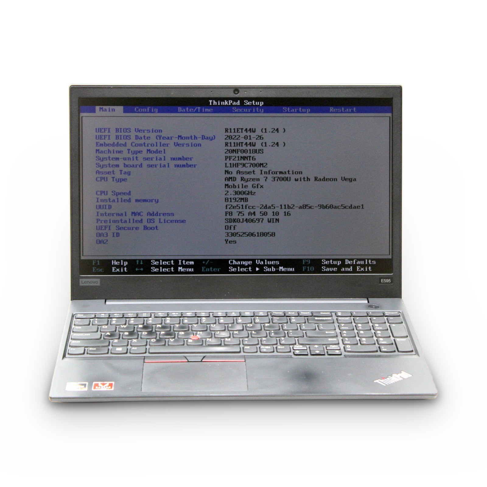 Lenovo ThinkPad E595 15.6in AMD Ryzen 7 3700U 8GB FHD No OS, Drive, Power Cord