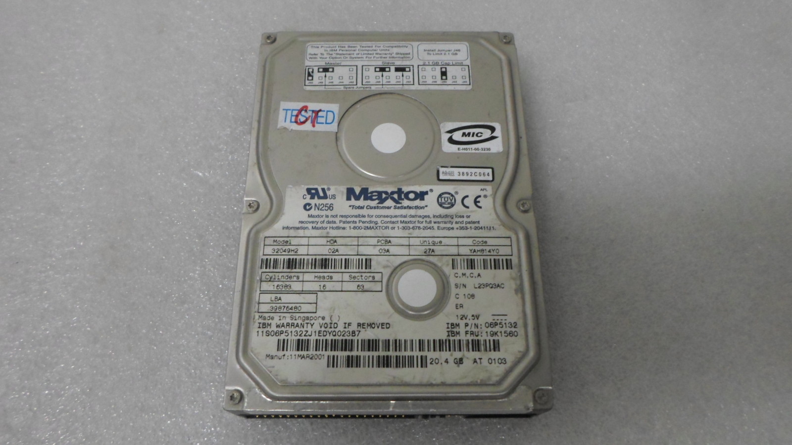 Maxtor IBM 32049H2 06P5132 19K1560 20.4GB 5400 RPM IDE Hard Drive TESTED