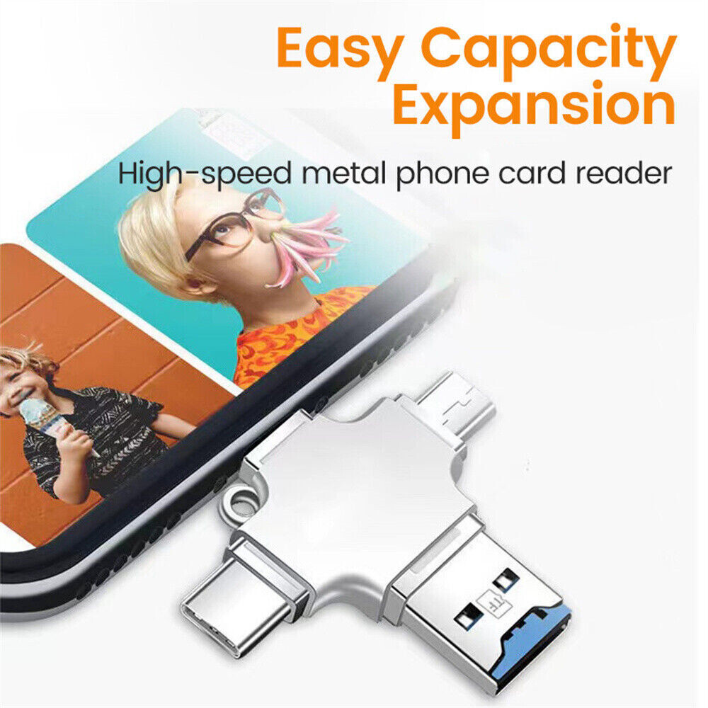 4 In 1 iOS Micro USB Type-C Micro TF Card Reader OTG for Android iPhone PC New🎯