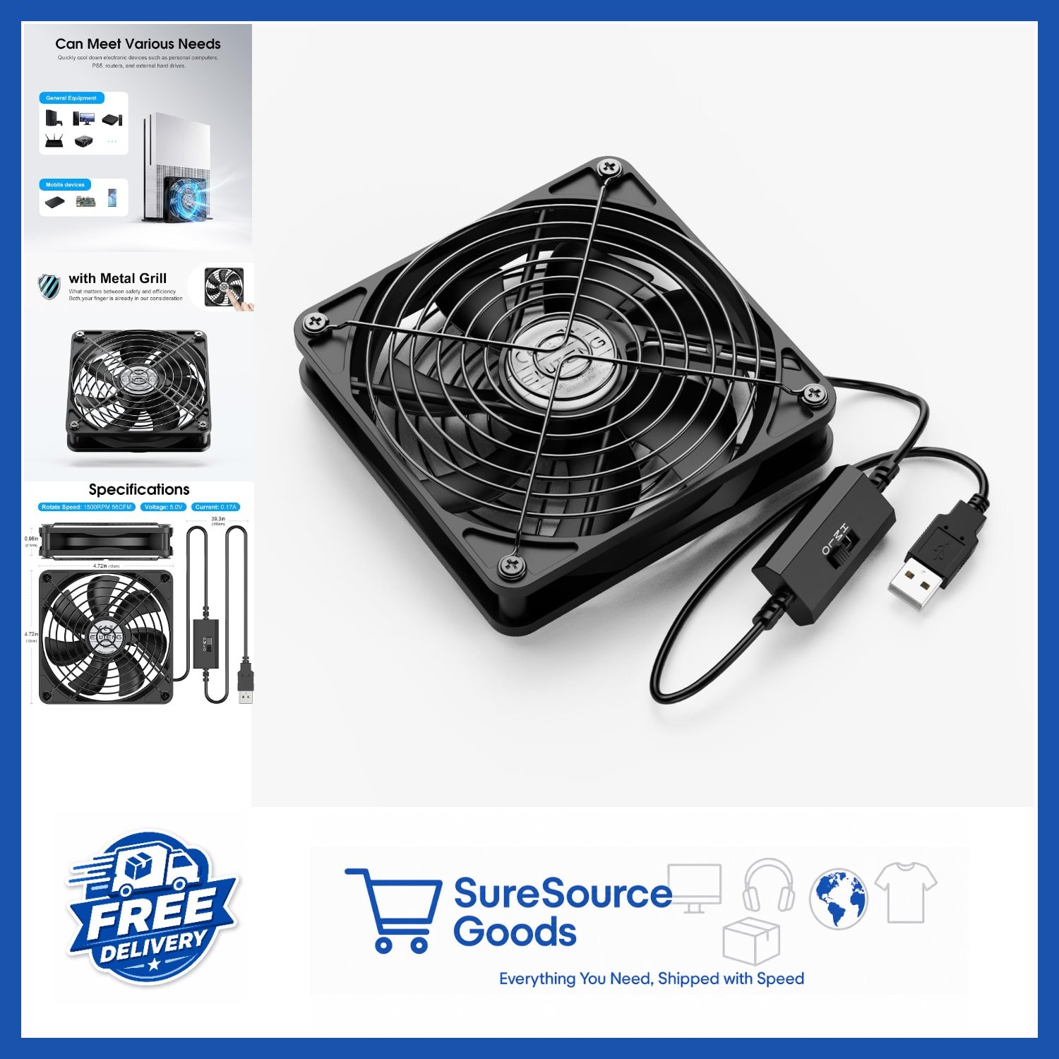Aluminum 120mm USB Fan 5V 1500RPM Cooling for Desktop, Gaming, and Electronics