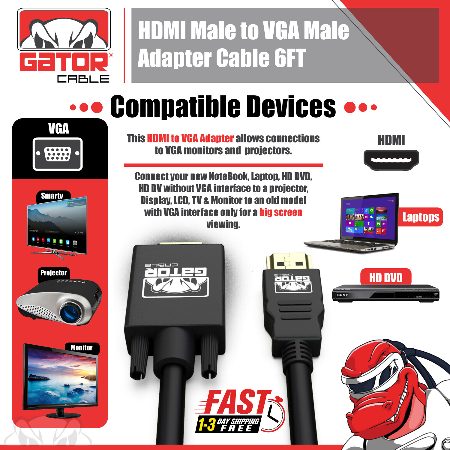 HDMI to VGA Cable Converter Adapter For HDTV PC Desktop Monitor Video 1080P 6FT