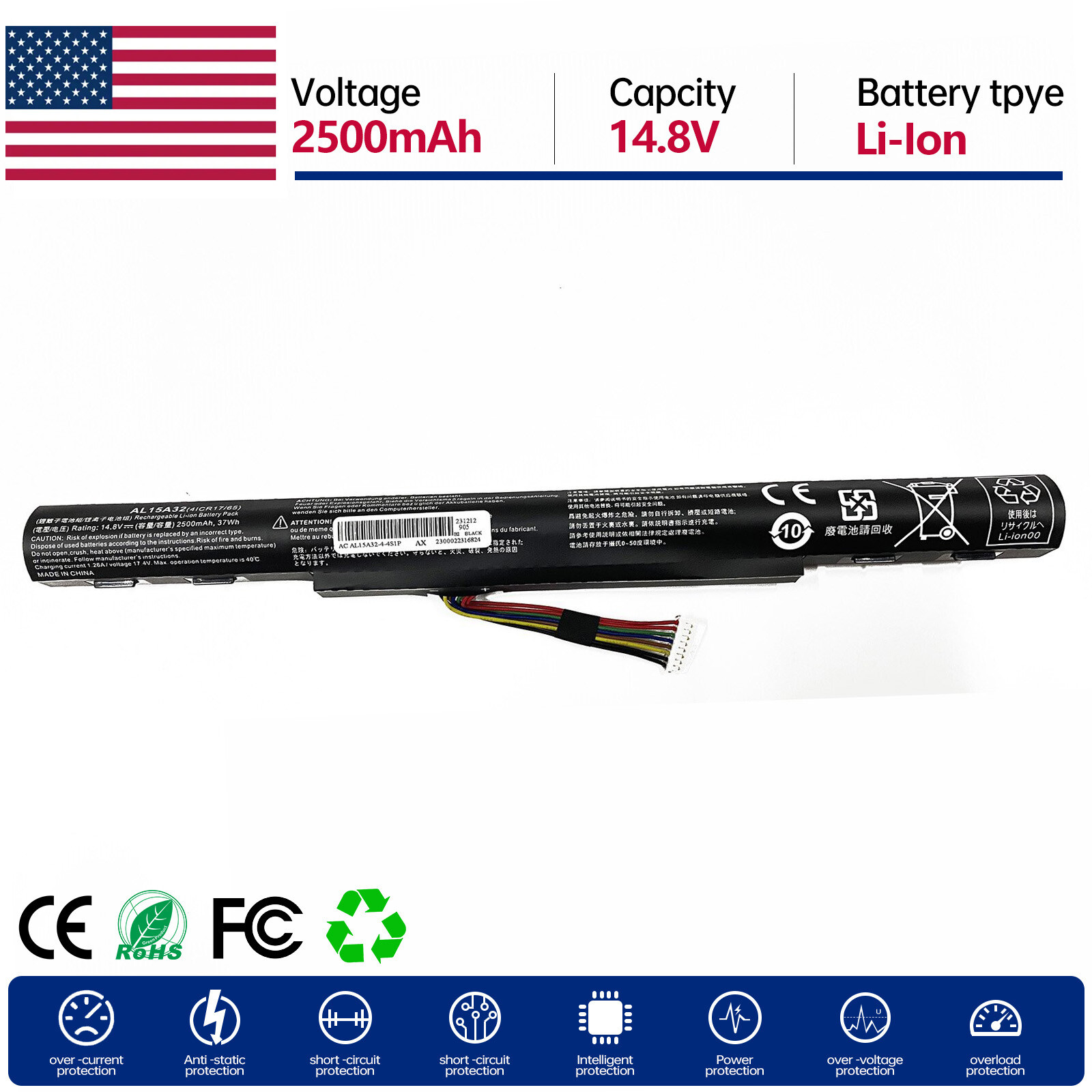 AL15A32 Battery for Acer KT.004B3.025. KT.004B3.02 (4ICR17/65) E5-473G-31N6
