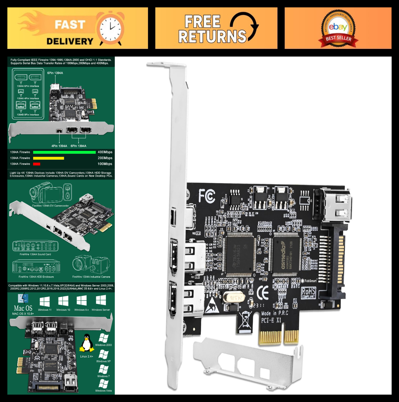 4-Port PCIe Firewire 400 Expansion Card, 1394A, Plug & Play for Windows/MAC, 400