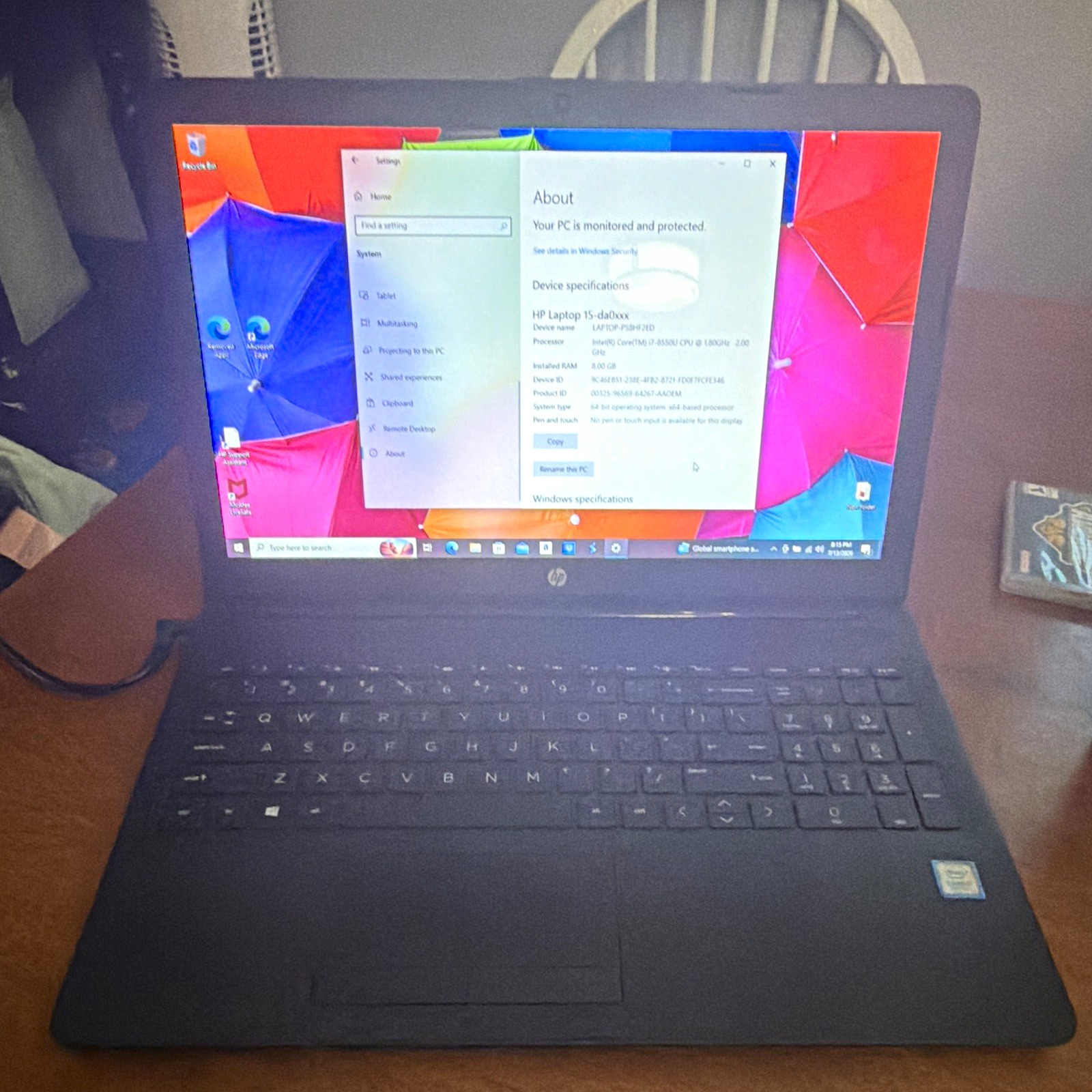 HP 15-da0xxx 15.6″ Laptop Intel Core i7-8550U 8GB RAM Windows 10 Black