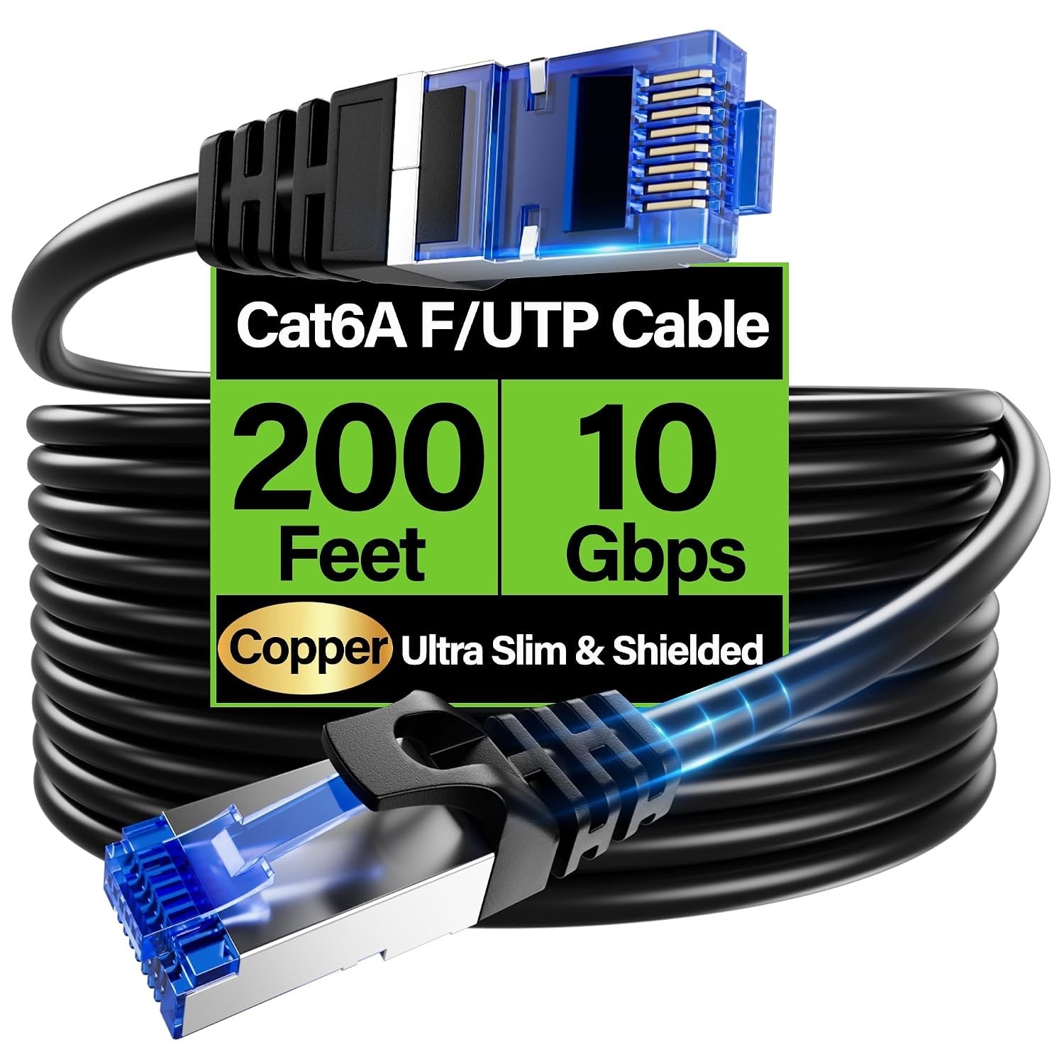 Ultra-Flexible 200ft Cat6A Ethernet Cable – 10Gbps Shielded F/UTP for Gaming