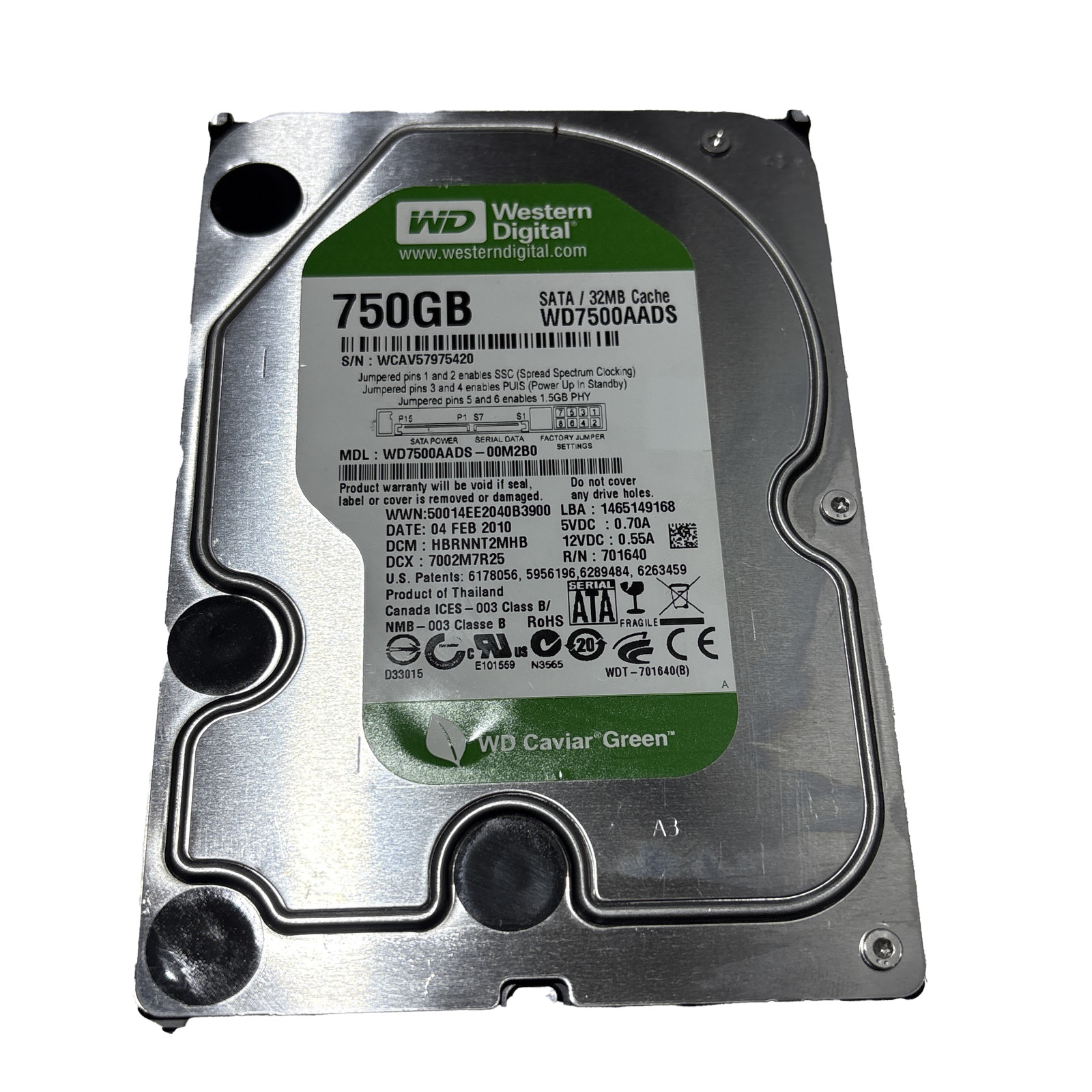 750GB SATA Western Digital 3.5″ WD Green 3Gbps 5.4K RPM Desktop Hard Drive