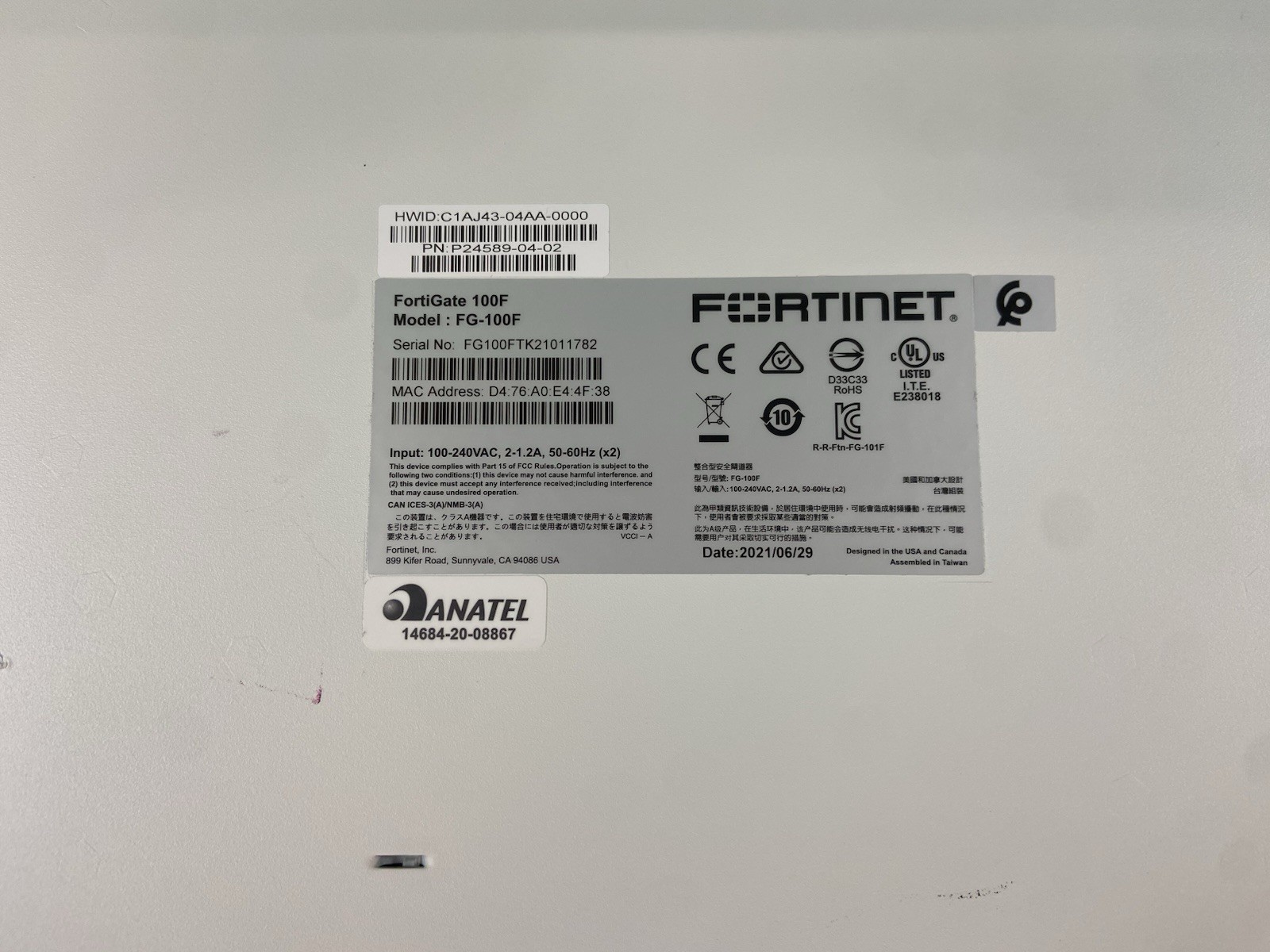 Fortinet FortiGate 100F Network Security Firewall – FG-100F W’Power Cord