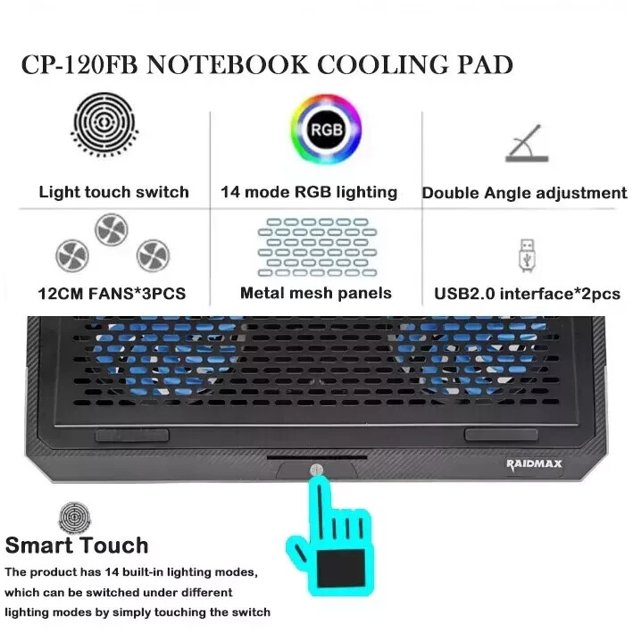 Cooling FAN Pad for 15.6-17 Inch Laptops with 3 Fans RGB Lighting PC, Mac