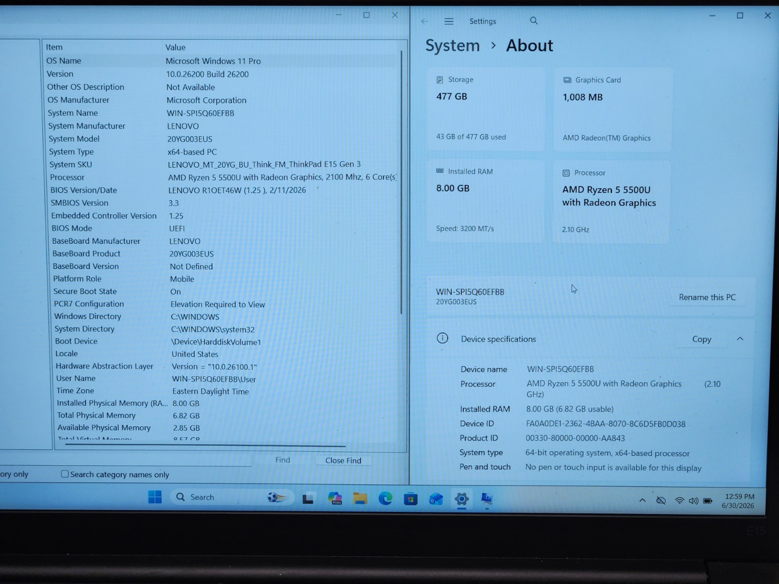 Lenovo ThinkPad E15 Gen 3 15.6″ FHD Ryzen 5 5500U 2.1GHz 8GB RAM 512GB SSD W11P