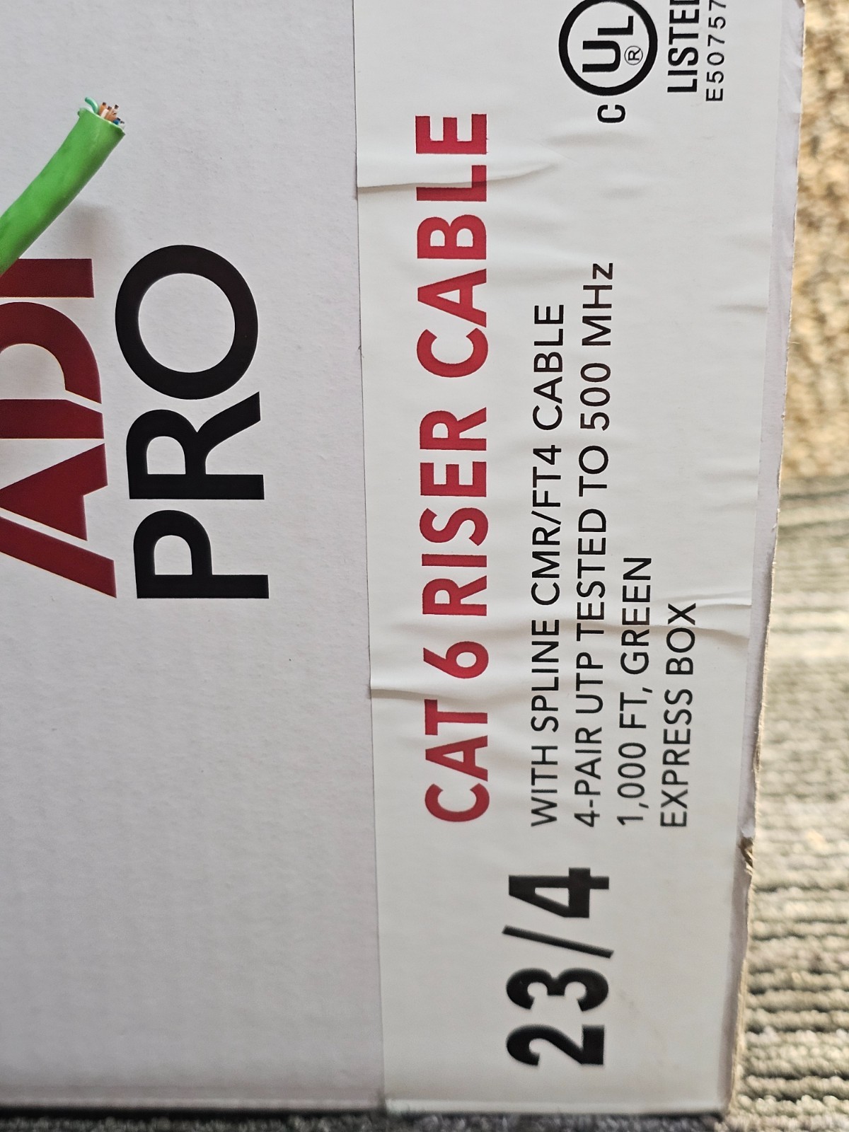 ADI PRO 0E-CMR6GNR 1000′ CAT6 23/4 Solid BC Cable Unshielded UTP Riser CMR Green
