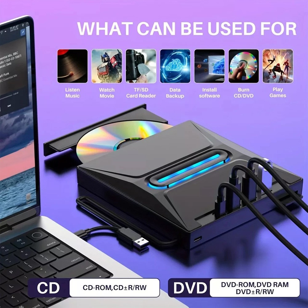 7-in-1 Slim External CD DVD Drive USB 3.0 Reader Writer Burner Player For Laptop