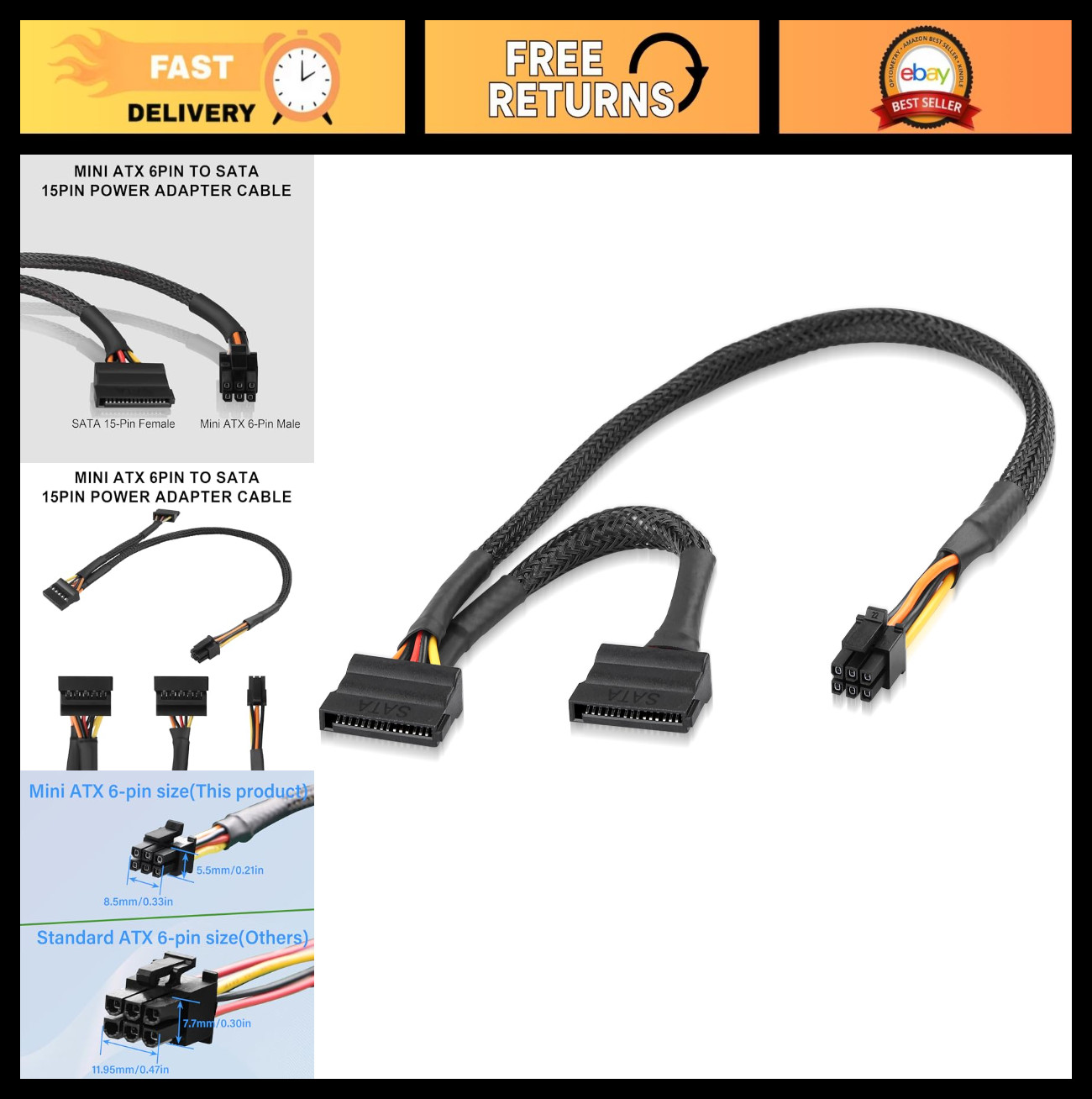 6-Pin to SATA 15-Pin Adapter Cable for HDD/SSD/Optical Drive – 45cm + 15cm