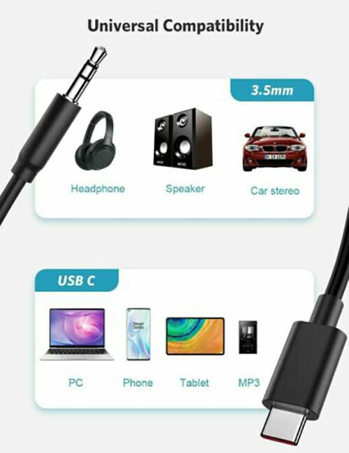 1M Car Stereo Android Type-C USB-C to 3.5mm Male Audio Jack AUX Cable Adapto lot