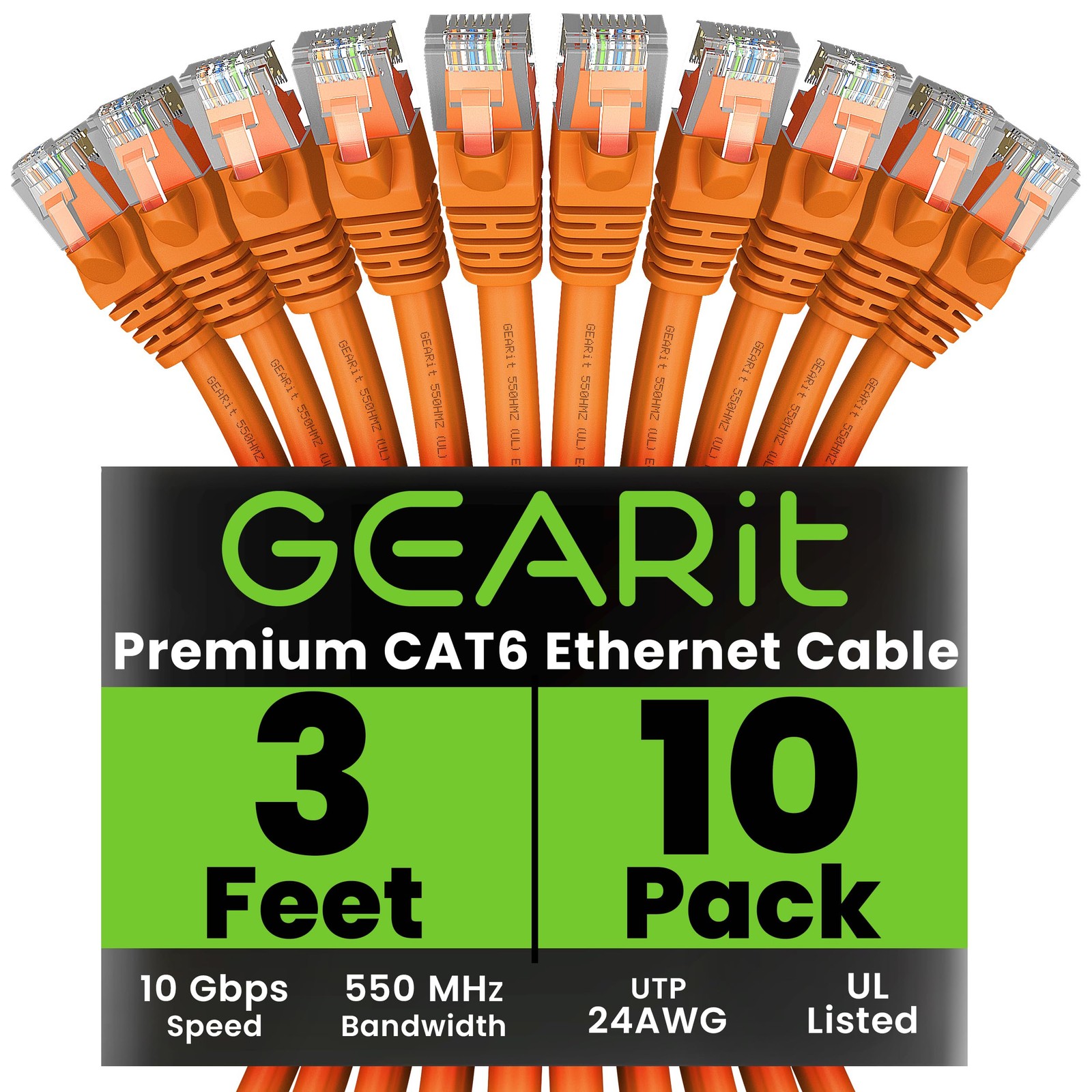 10-Pack 3ft Orange Cat 6 Ethernet Cable Network Patch 10Gbps RJ45 Snagless