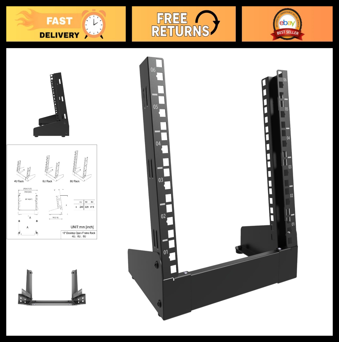 6U Mini Desktop Network Rack – Open Frame Cabinet for 10″ Servers, Audio & Video