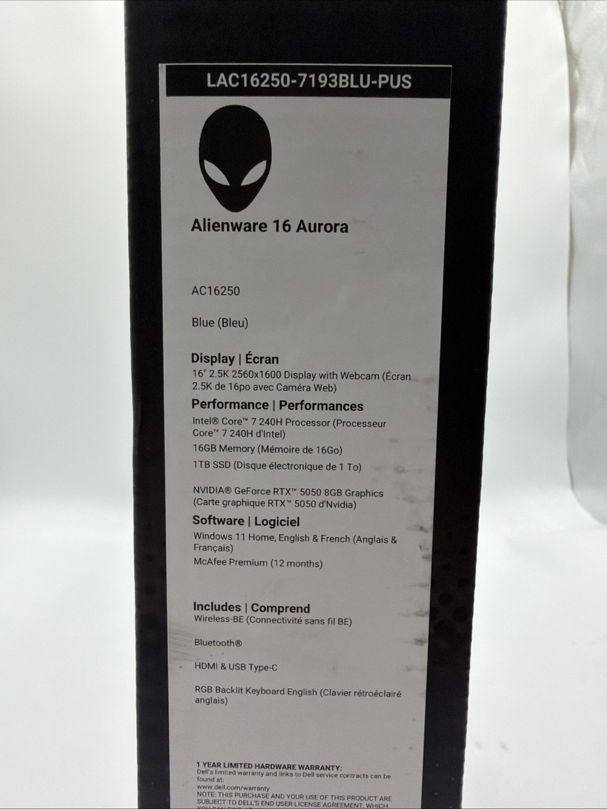 DELL ALIENWARE 16″ AURORA GAMING LAPTOP INTEL CORE 7 240H 5050 RTX 16GB RAM 1TB