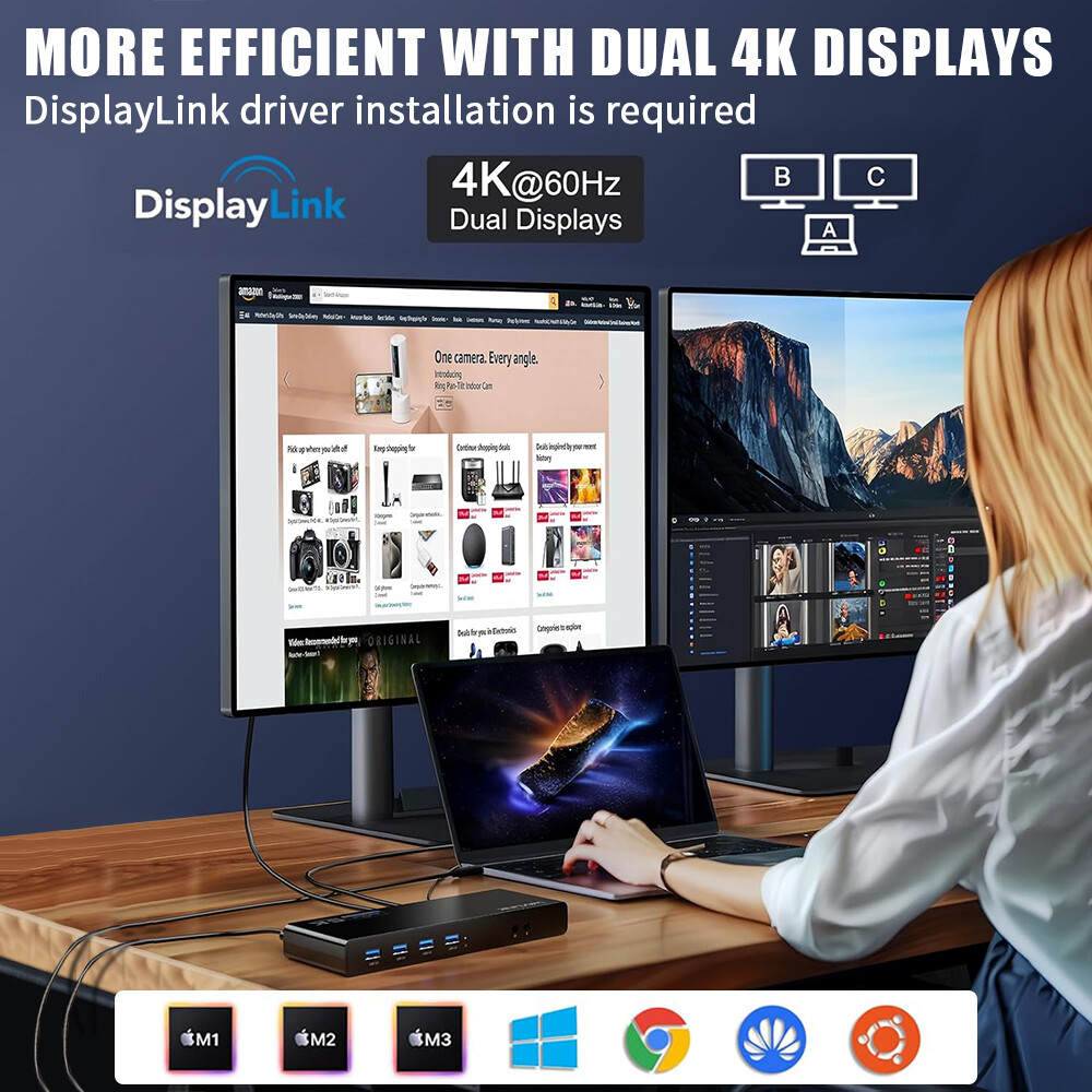 WAVLINK Dual HDMI Dual DP DisplayLink Docking Station USB C Hub RJ45 6*USB 3.0