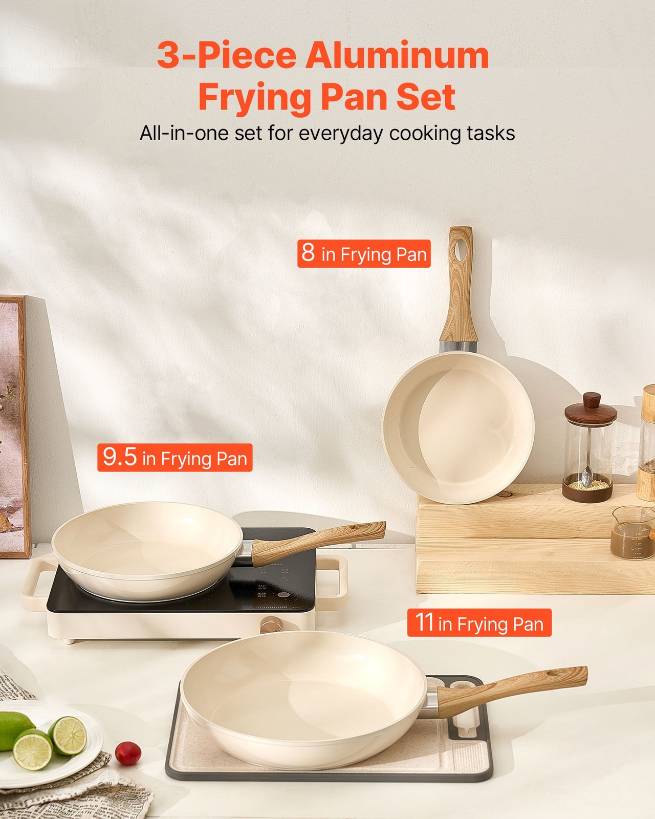Frying Pan Skillet, Aluminum Egg Fry Pans, 3 Piece (8, 9.5, 11 in), Nonsitck Cer