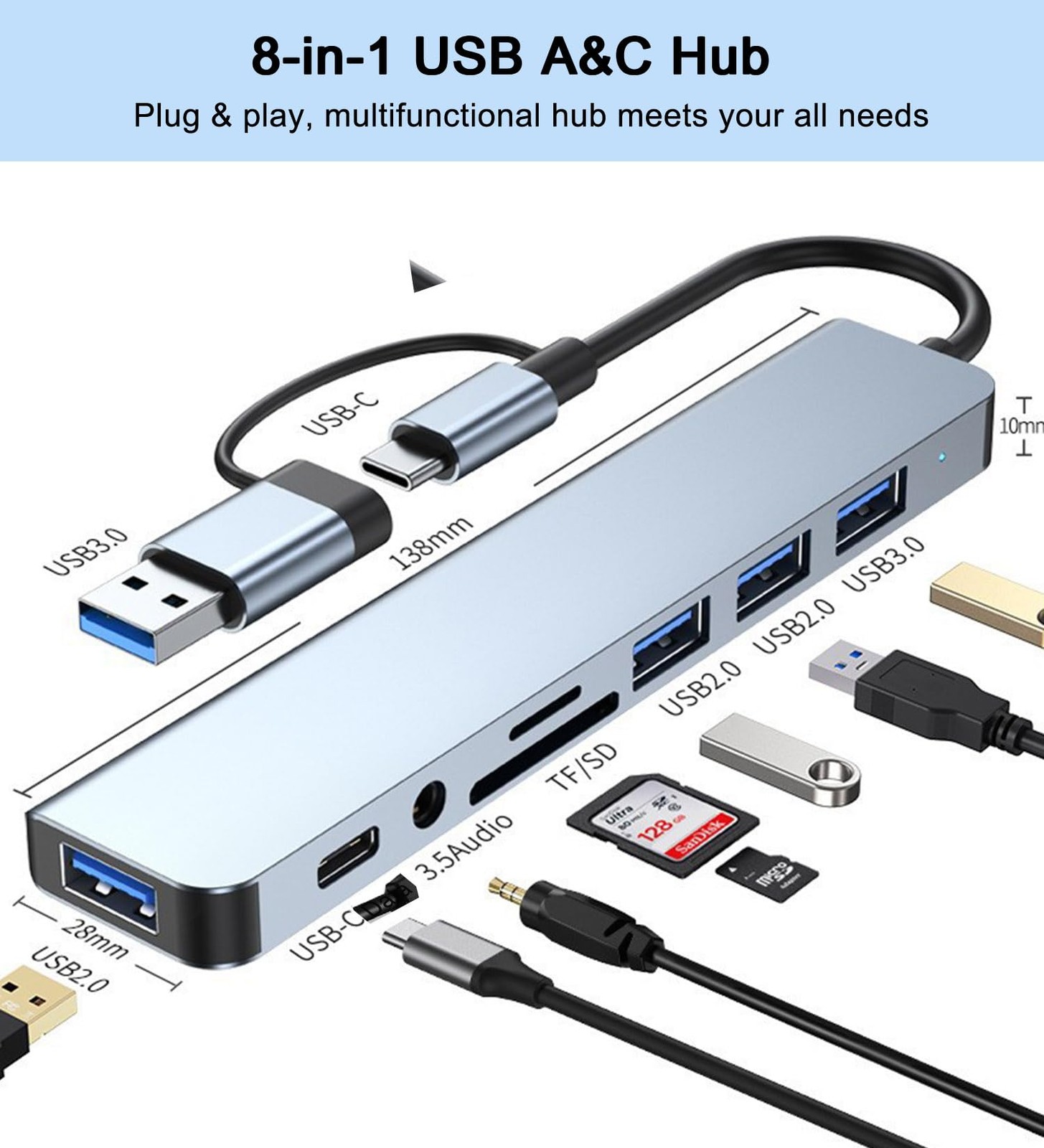 USB Hub USB Hub 3.0 with SD/TF Card Reader, 3.5mm Headphone Aux Jack, 8-in-1 …