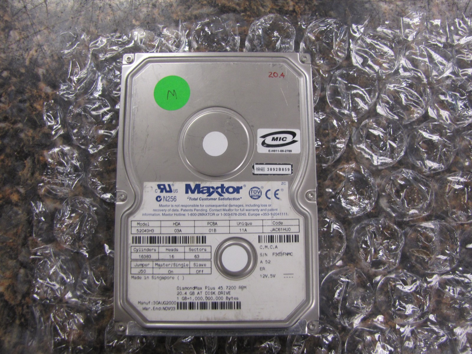 20.4GB IDE Maxtor DiamondMax Plus 45 52049H3 7200K 3.5″ Hard Drive TESTED -NM31