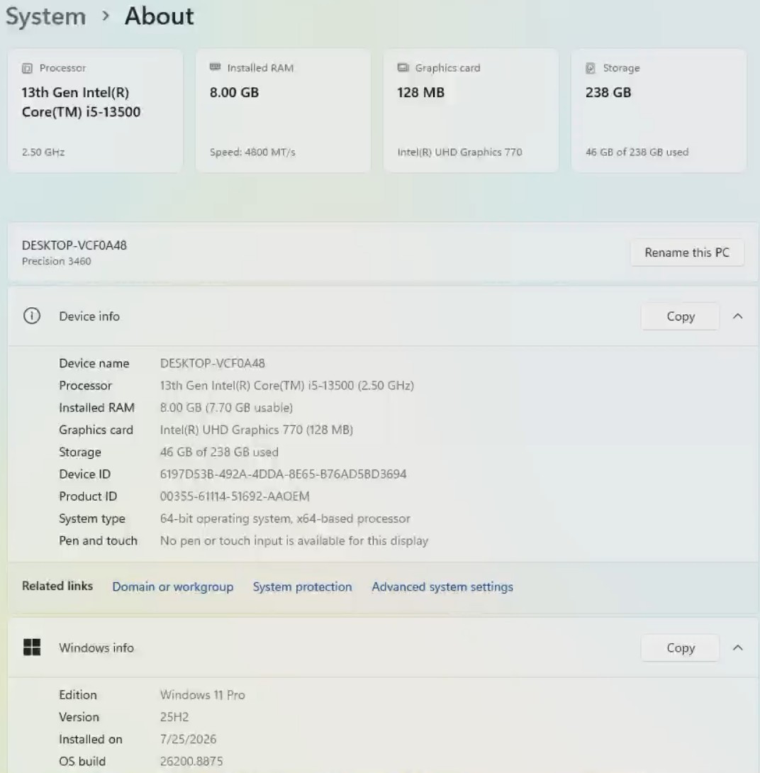 Dell Precision 3460 SFF PC – Intel Core i5-13500 8GB DDR5 256GB NVMe W11 Pro