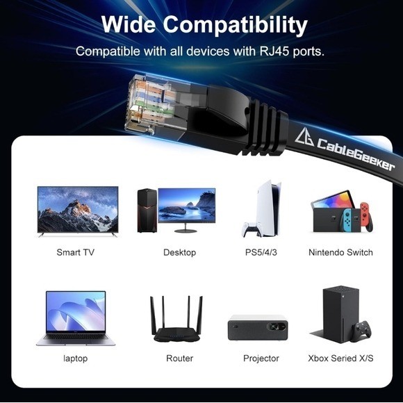 Ethernet Cable 100 ft High Speed, Black Flat Internet Network Cable
