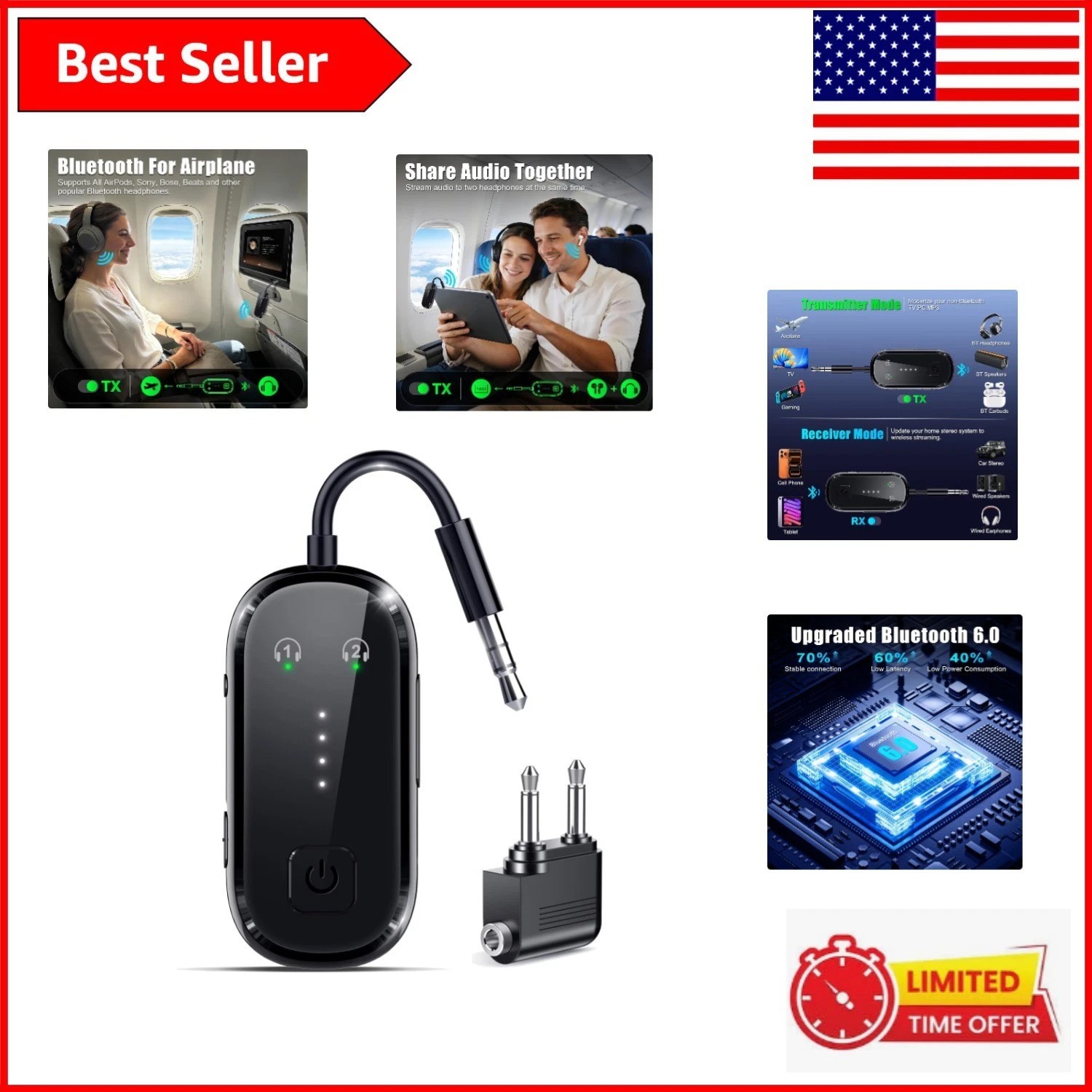 Compact USB-C Bluetooth 6.0 Adapter for TV, Plane & Car – Dual Device Connection
