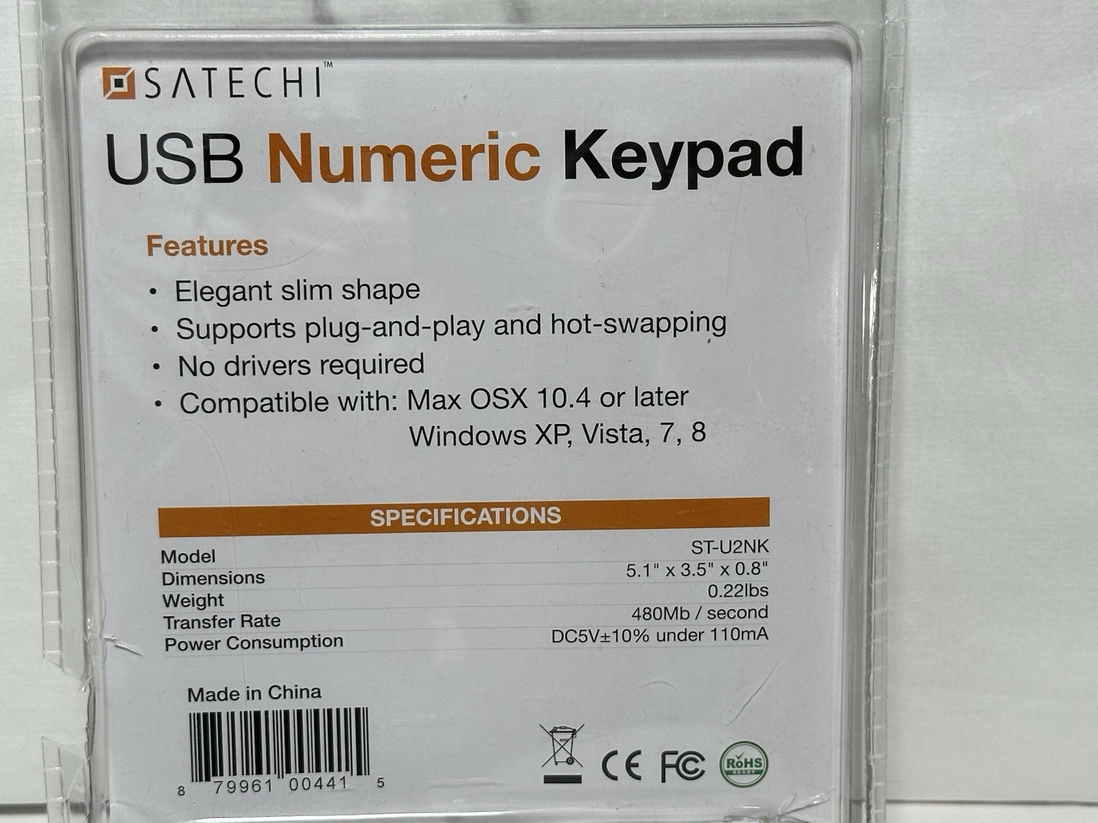 Satechi ST-U2NK USB Numeric Keypad Windows Or Mac NEW Sealed -FREE SHIP-