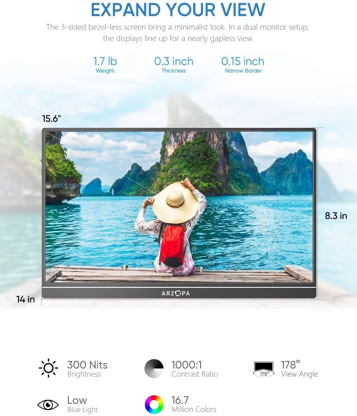 ARZOPA Portable Monitor, 15.6” 1080P FHD Laptop Monitor