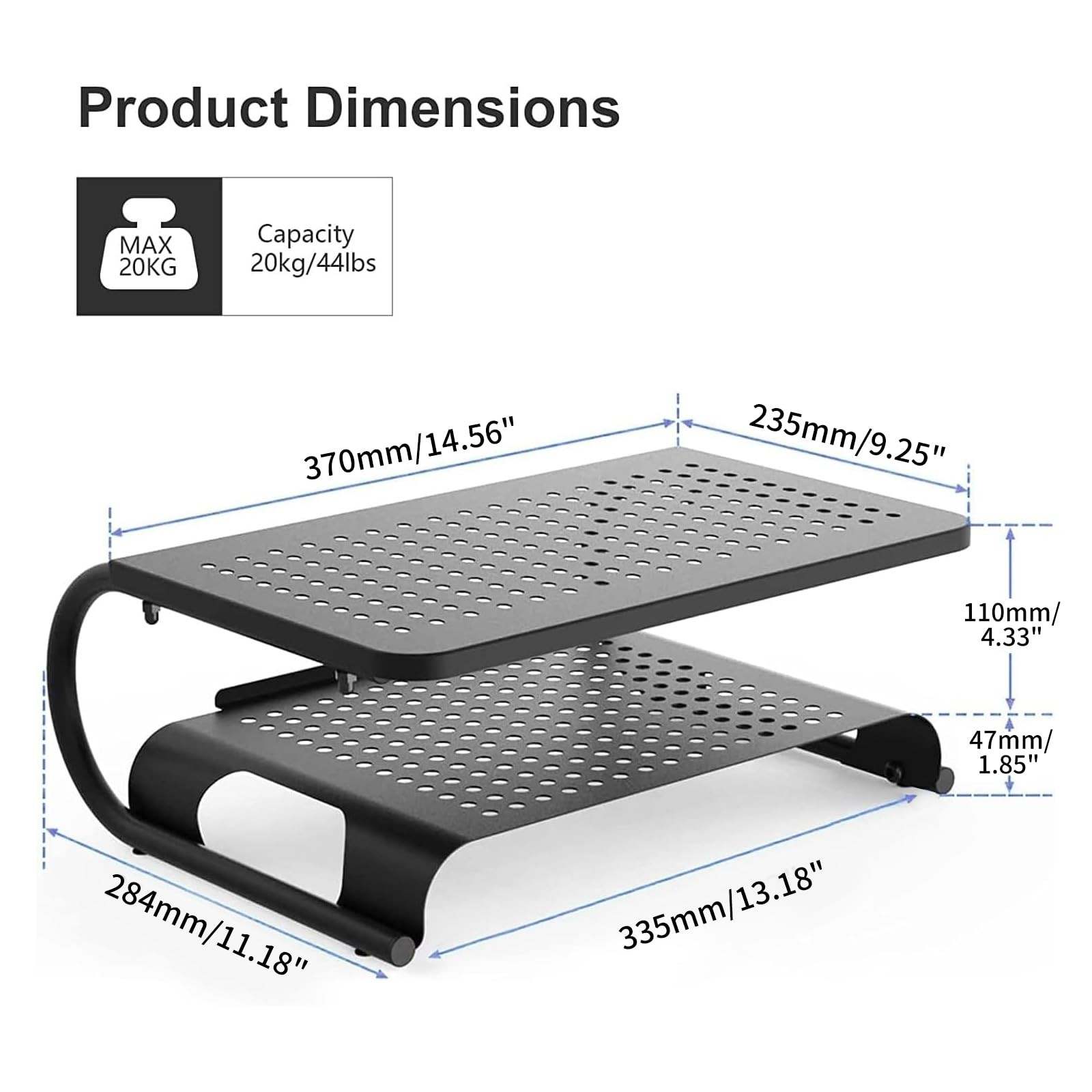 Double Deck Vented Metal Platform Computer Monitor Stand Riser Storage 4 In