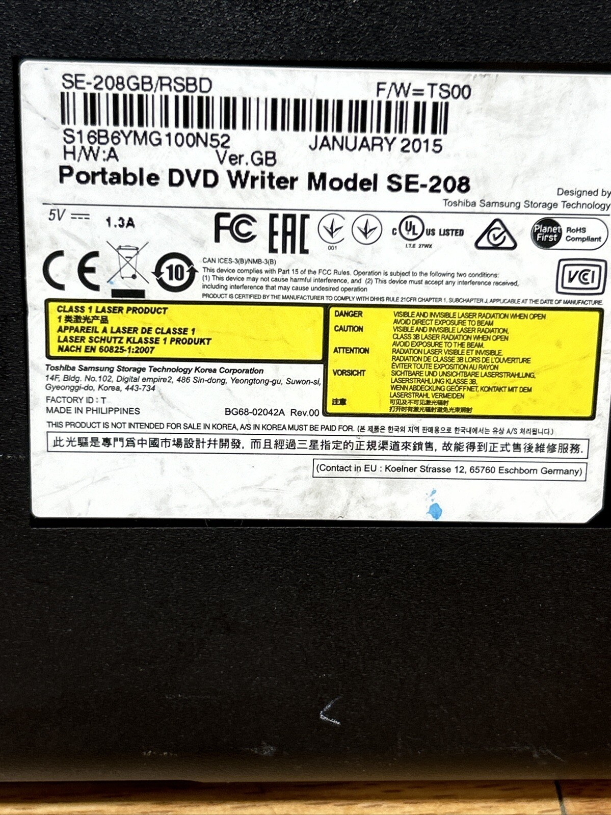 Samsung USB Ultra Slim Portable External DVD Writer SE-208 w/ Cable