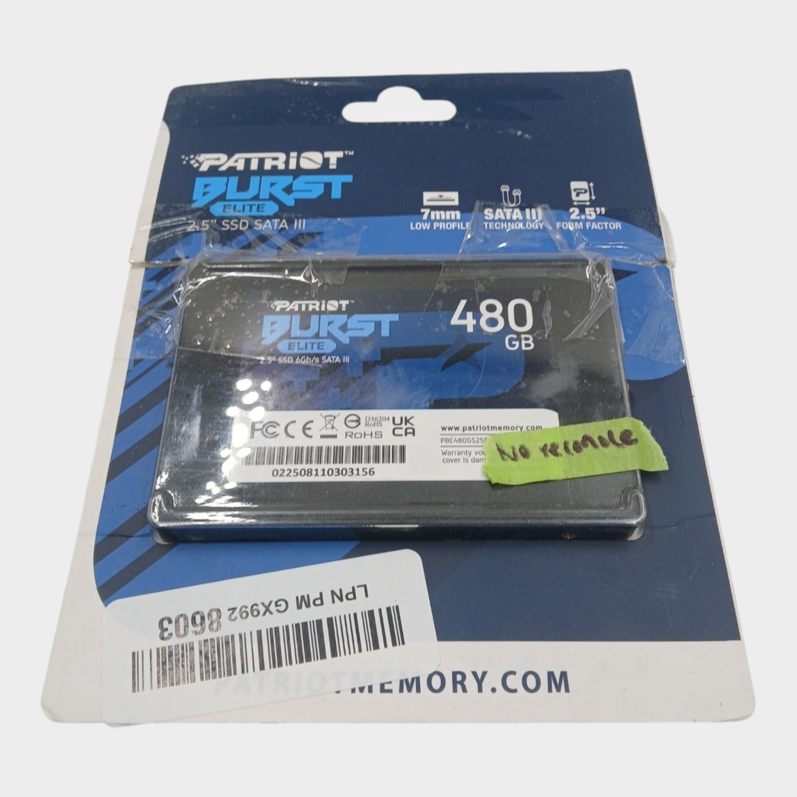 Patriot Memory Burst Elite SATA 3 480GB SSD 2.5″ Solid State Drive (Untested)