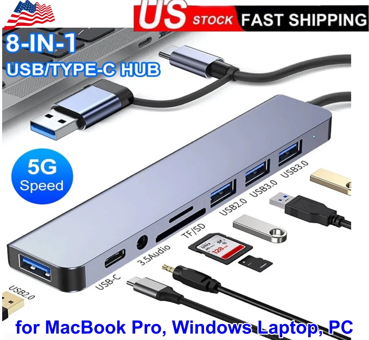 8-in-1 USB C Hub, USB 3.0 Docking Station with 5Gbps Port, SD/TF Card Reader