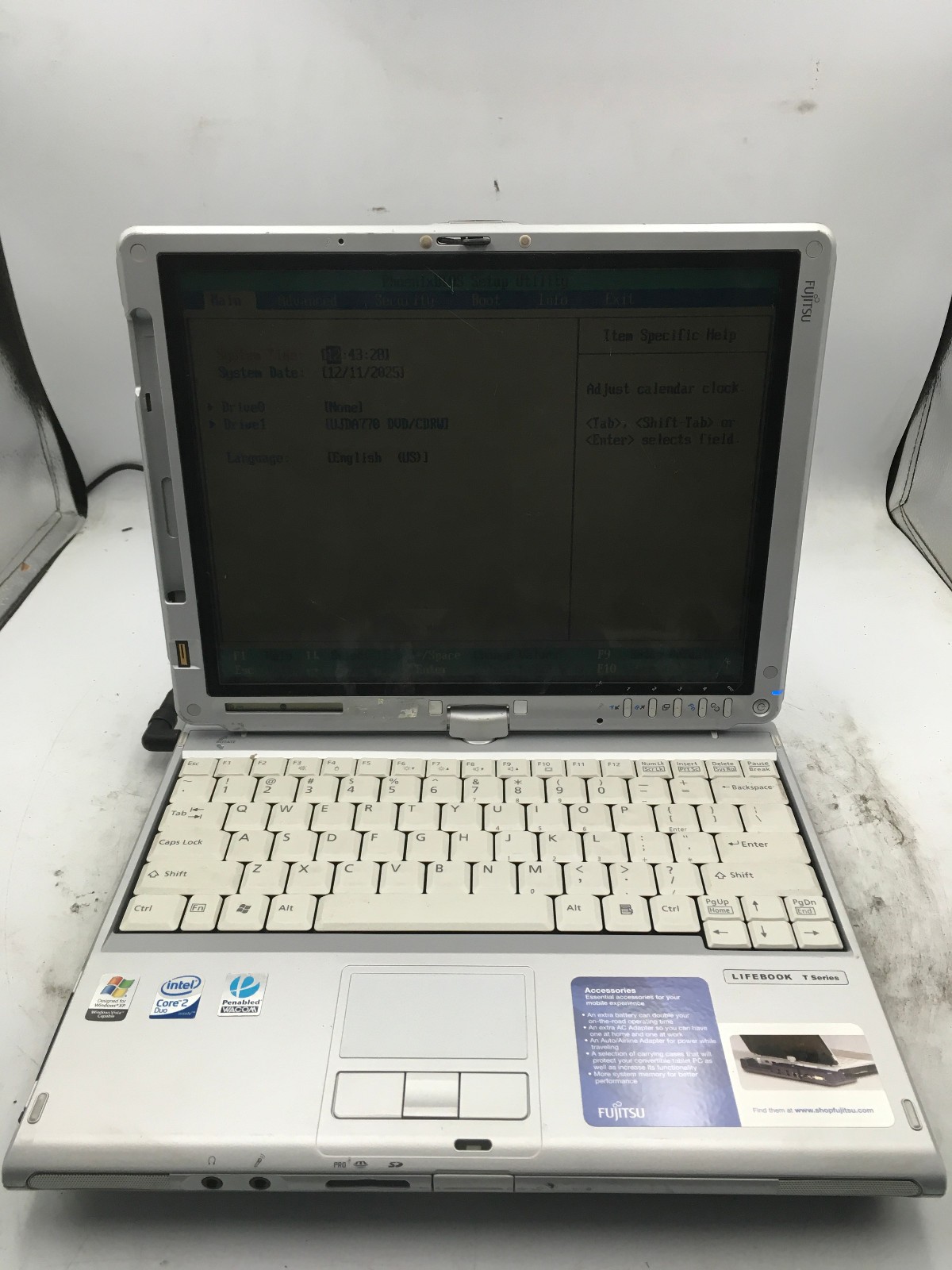 FUJITSU LIFEBOOK T4215 – BOOTS TO BIOS – INTEL 2 DUO – 1GB RAM – READ DESC – BB