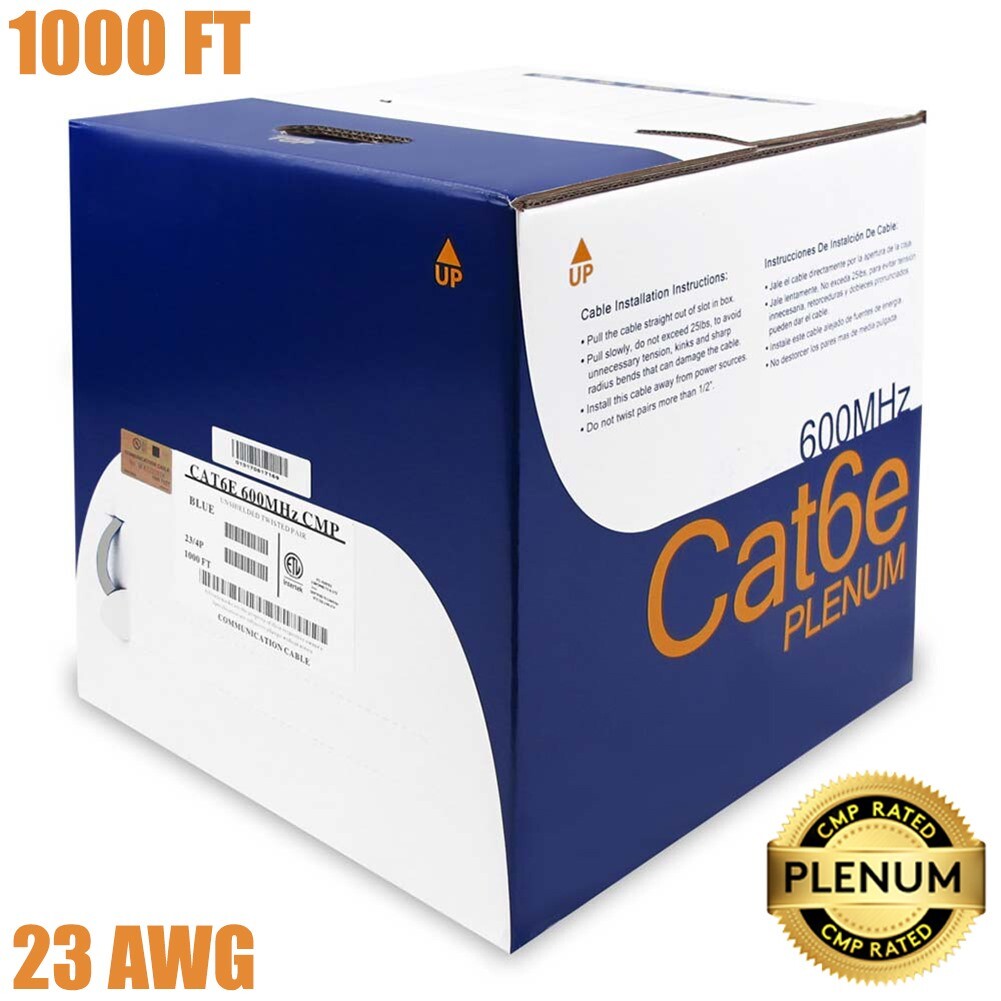 1000FT Cat6E Ethernet LAN Network CMP Plenum Cable 23AWG Copper Solid Wire Gray