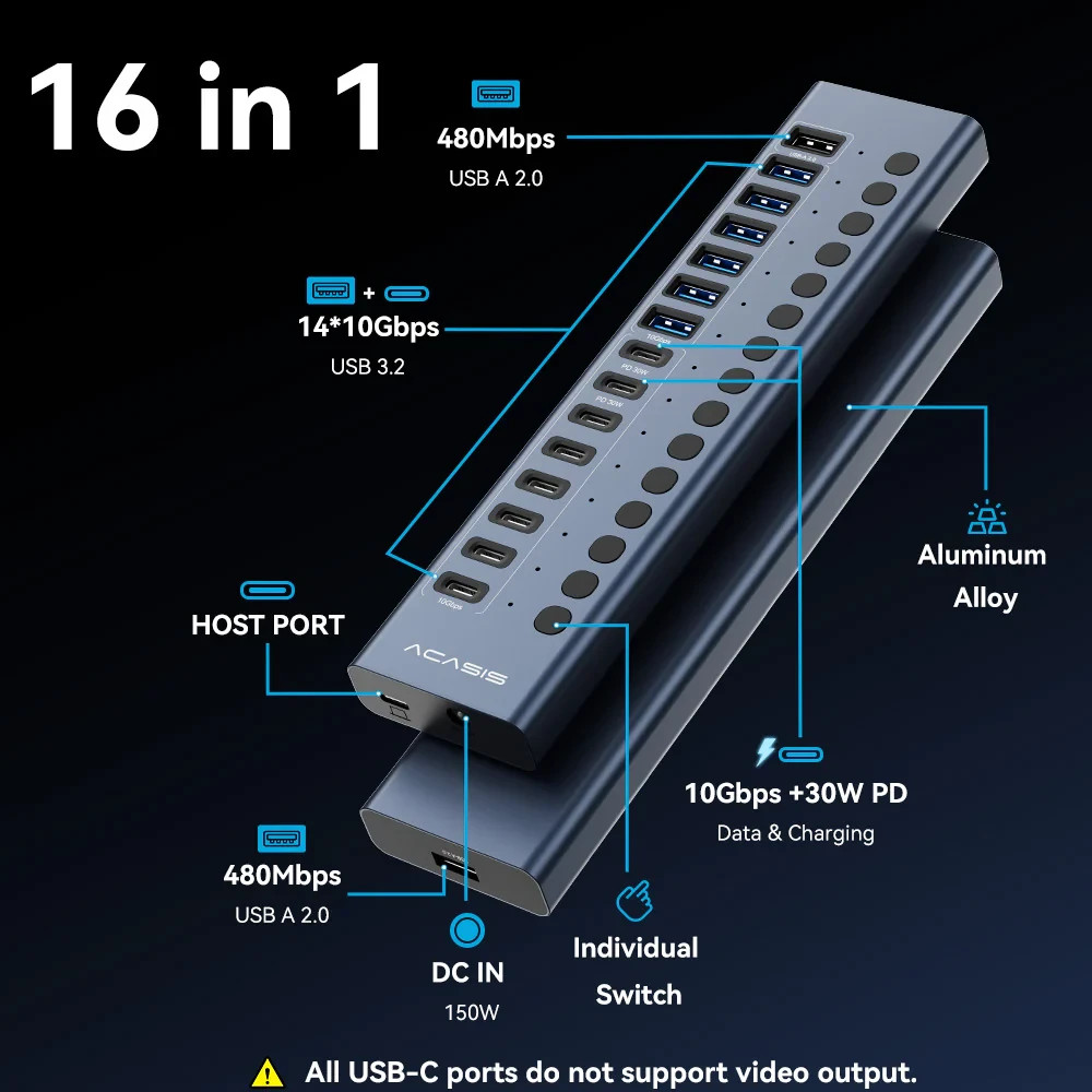 Acasis 16-Port Fast Charging USB 3.2 Hub with 8 USB-A + 8 USB-C Ports – Open Box