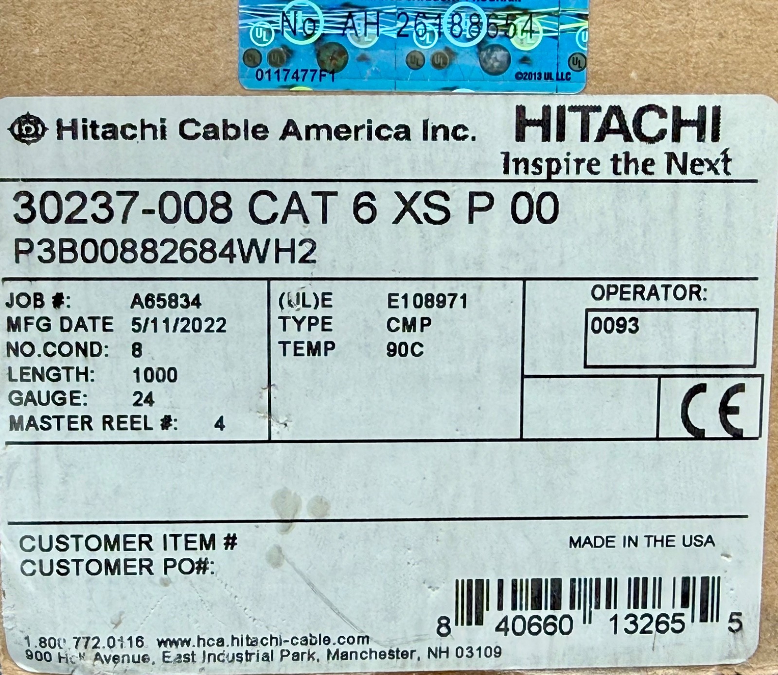 HITACHI Cable 30237-008 CAT6 XS P CMP Plenum White – 1000 FEET