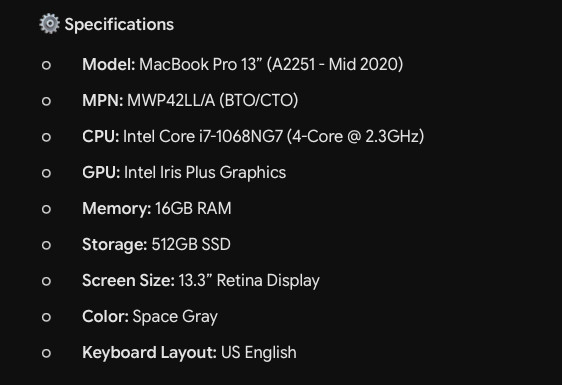 Apple MacBook Pro 2020 13″ 2.3GHz i7 16GB 512GB SSD | Space Gray | Very Good