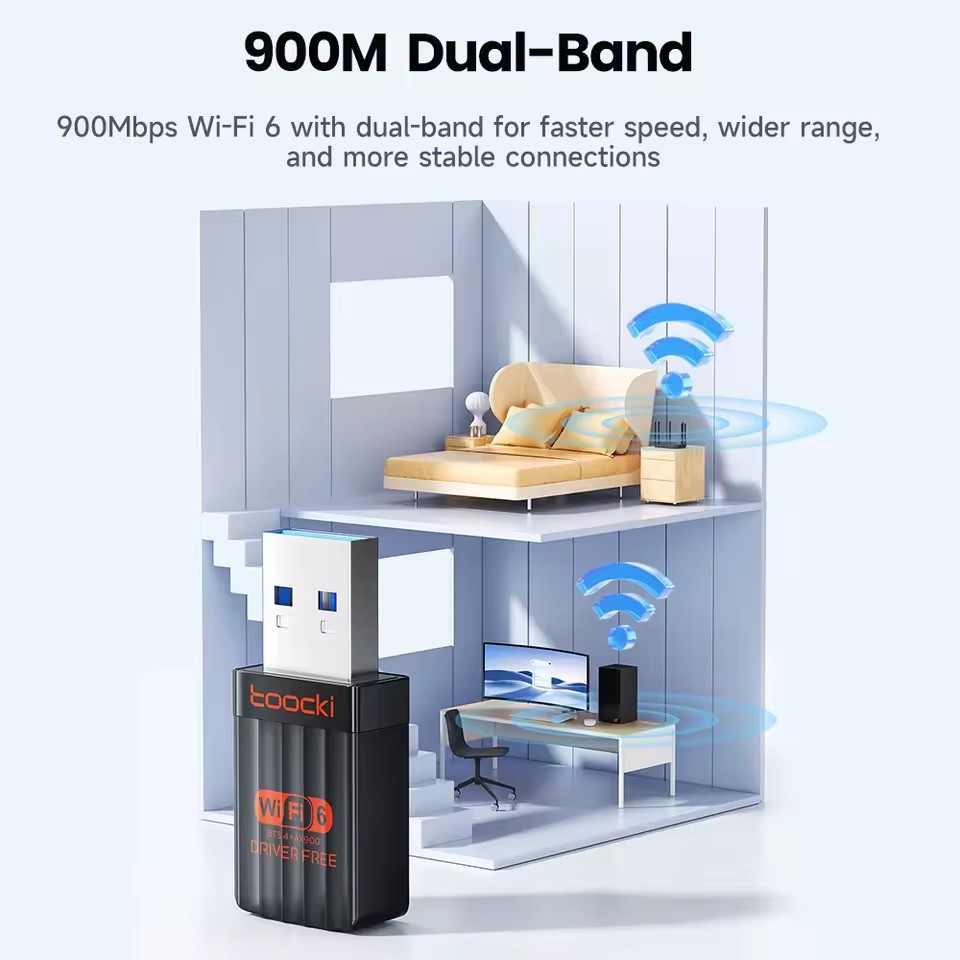 900Mbps USB WiFi 6 Adapter 2.4G/5G Dual Band Bluetooth 5.4 WiFi Card Drive Free