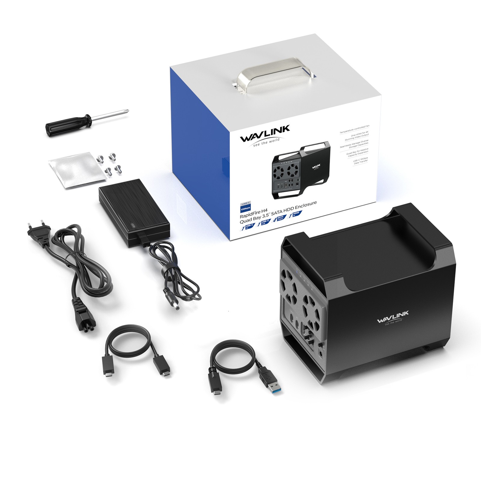 USB3.2 to 4-Bay 2.5”/3.5” SATA HDD/SSD Drive Enclosure w/Cooling Fan 4K HDMI