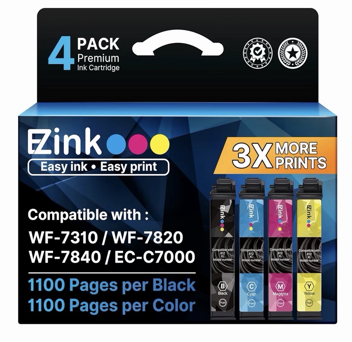 E-Z Ink 4 Pack 812XL T812XL High Yield Ink Cartridges Replacement for Epson Chip