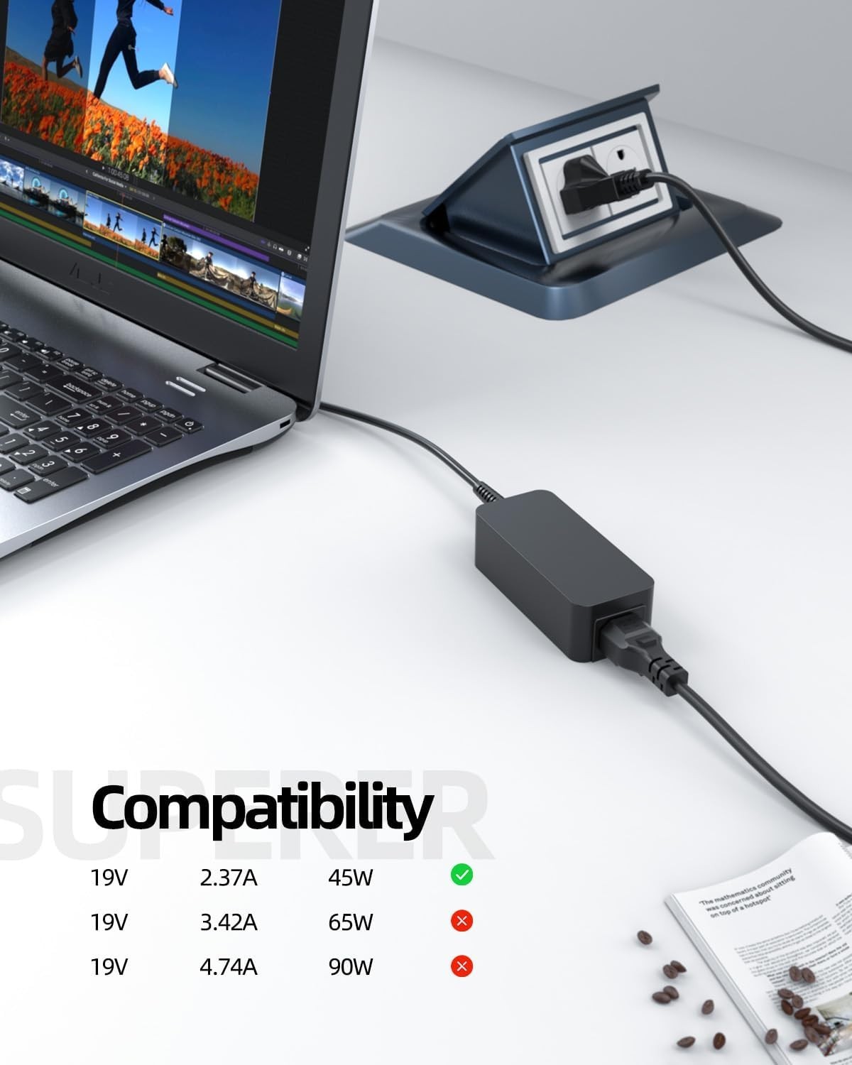 AC Charger for 45W Laptops, 19V Output with Overcharge Protection Feature