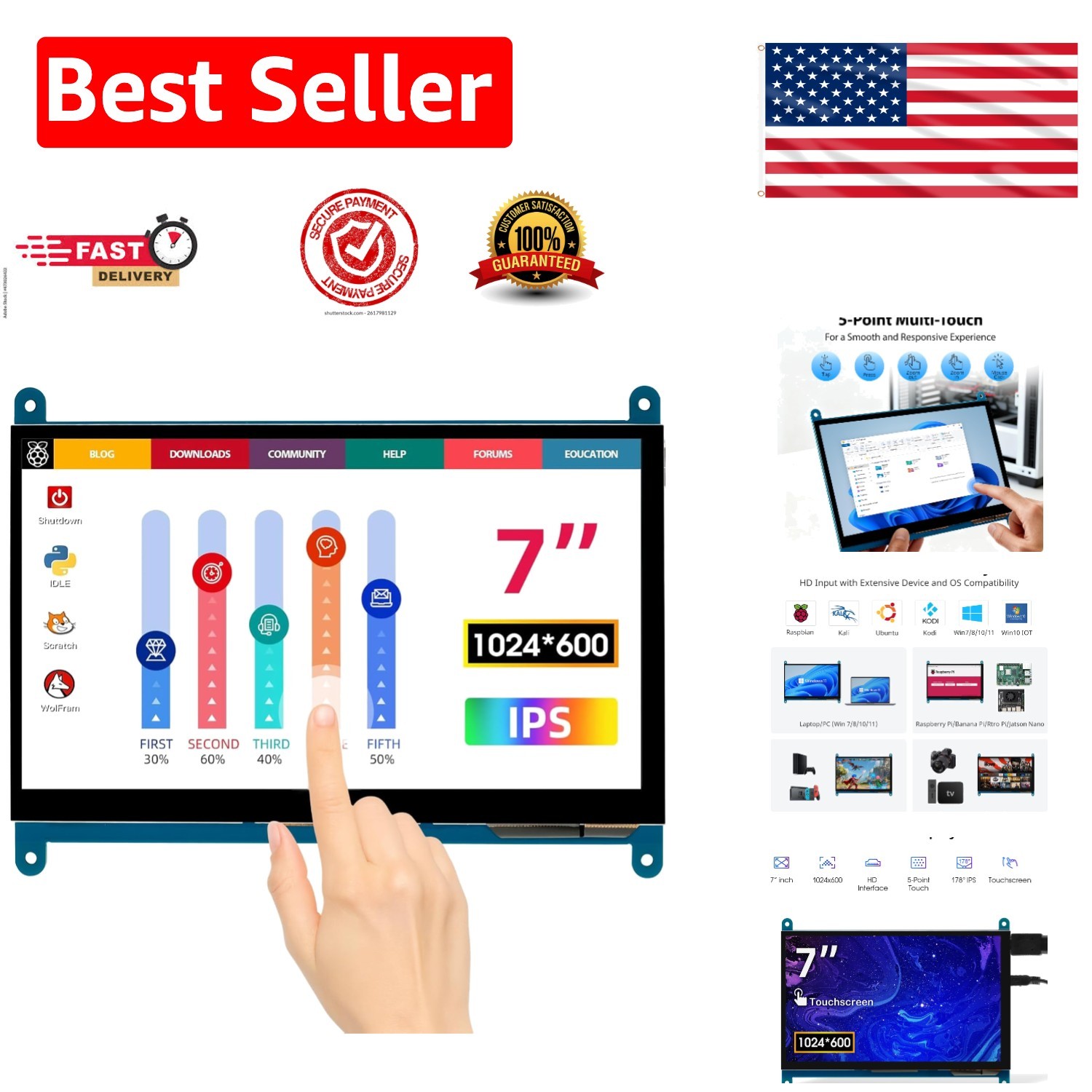 Portable 7 Inch Touch Screen Monitor with IPS Display – Plug and Play HDMI