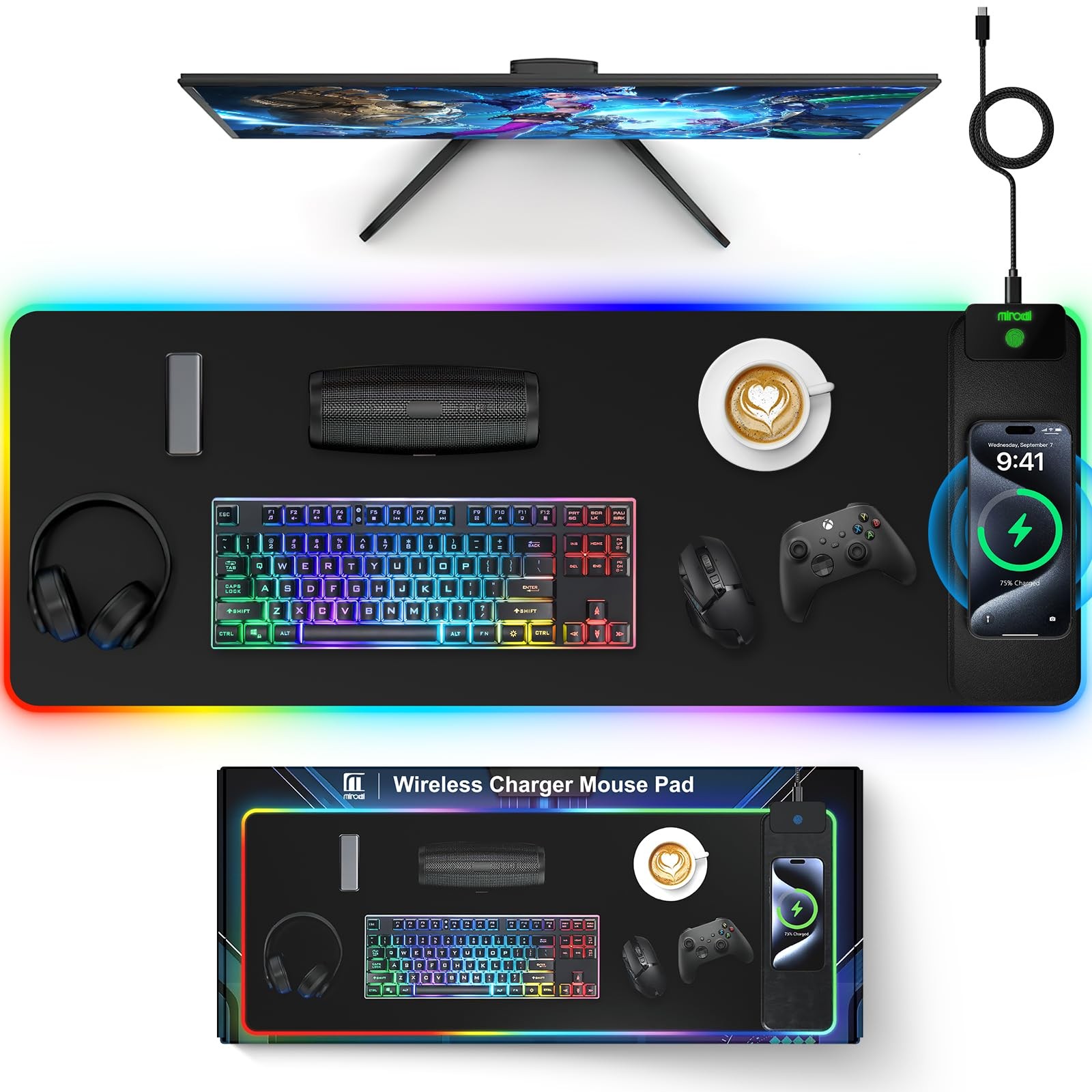 Magnetic Charging Mouse Pad, 31.5×11.81 Inch XL Gaming Mousepad, 11+5 RGB Lig…